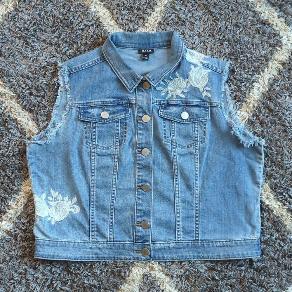Ana Denim Jean Floral Embroidered Vest 90s Retro Size Women's XL